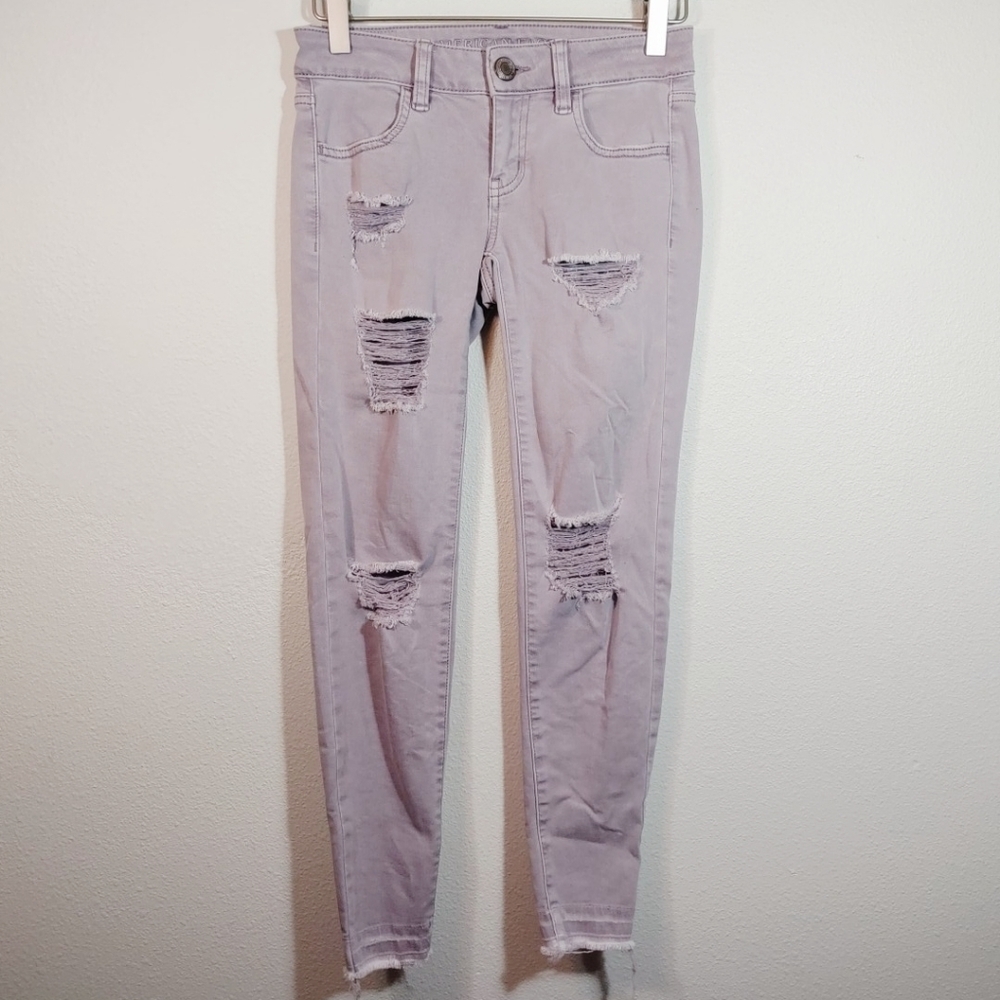 American Eagle Purple Super Low Rise Distressed Jegging 0 Short